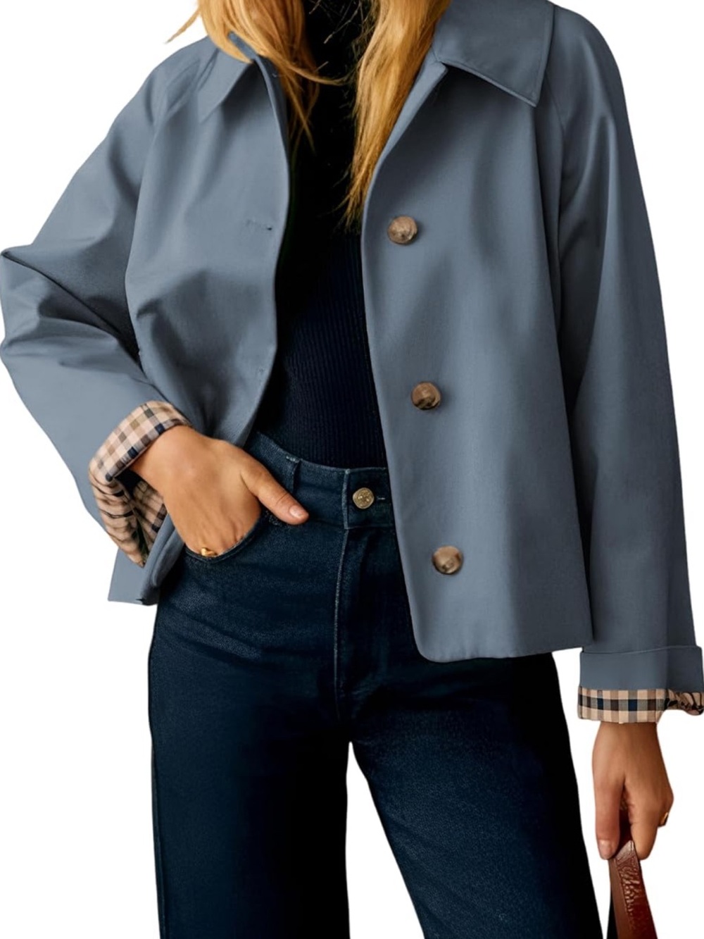 Womens Short Button-Front Blue Jacket with Plaid Cuffs